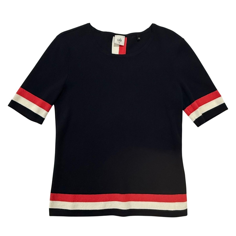 Cabi Hampton Shell Navy Coral & White Short Sleeve Knit Sweater Top Size M 311